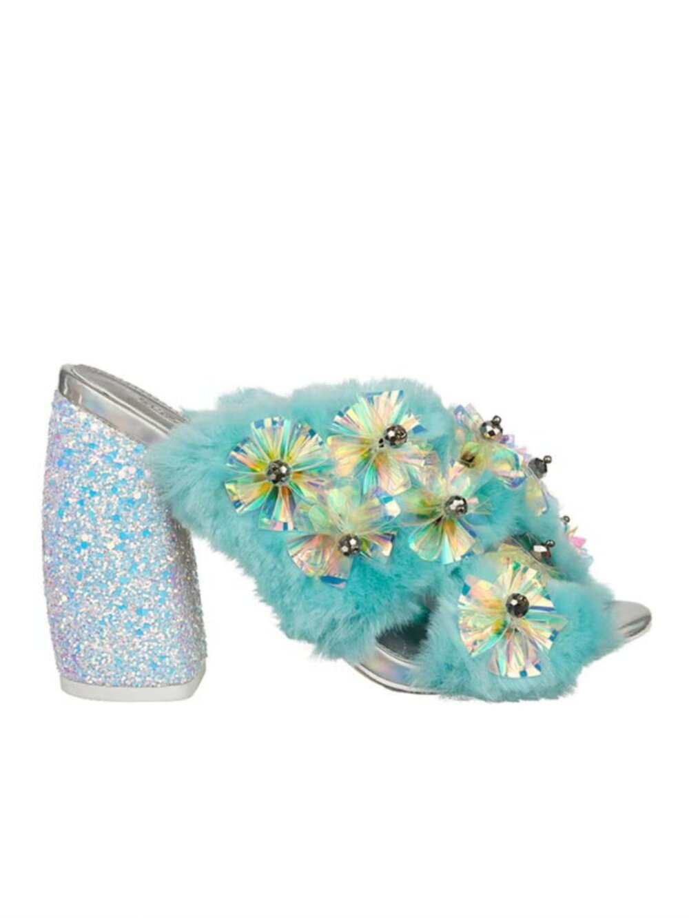 ASOS Faux Fur Iridescent Chunky Pastel Sequin Pixie Fairy Heeled Sandal Sz 9